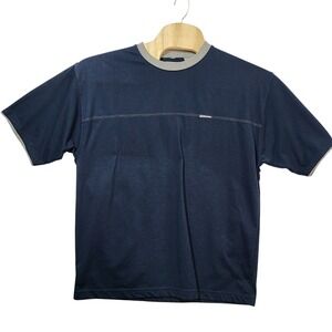 Point Zero Mens XL Navy Blue Grey Ringer T-Shirt Short Sleeve Logo Patch Vintage